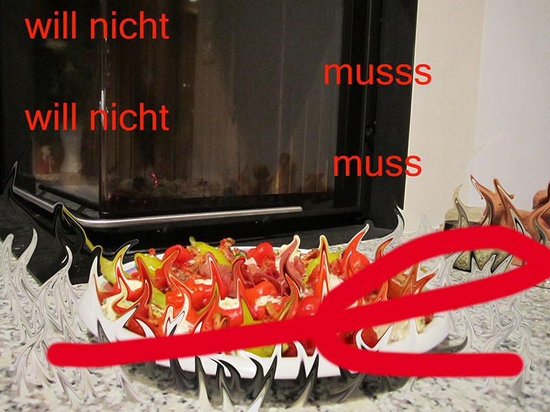 Text 'will nicht musss, will nicht muss' und roter Kringel über in Flammen verflüssigtem Foto einer Antipasti-Platte