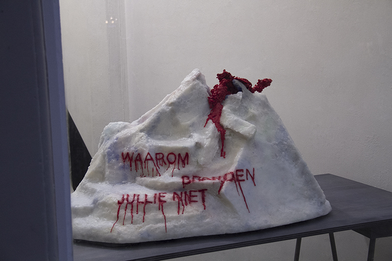 Ein Vulkan-Eisberg mit der Aufschrift 'Waarom branden jullie niet' steht in einem Schaufenster